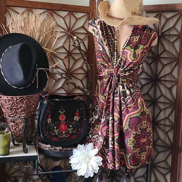 SALE BO HO PAISLEY MULTI S SLIP ON DRESS, TIE BACK - Picture 2 of 16